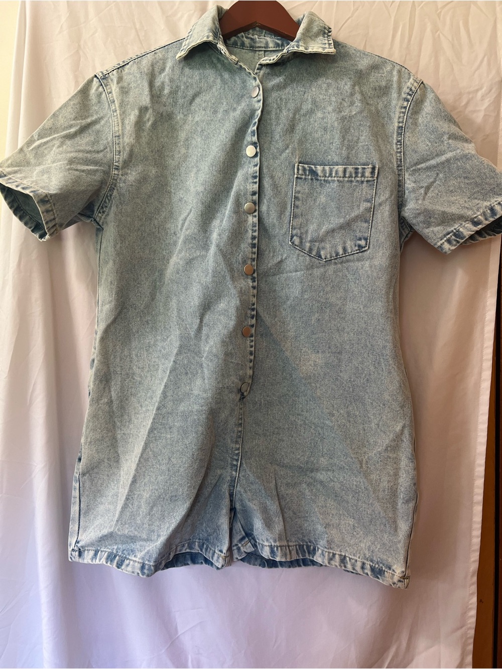 Women’s Light Blue Denim Short-Sleeve Romper Shirt